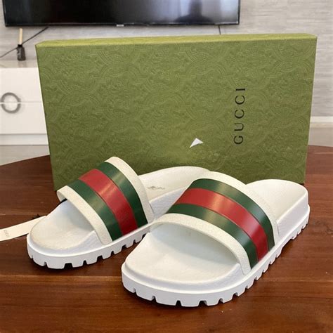 gucci web slides white|Gucci interlocking slides.